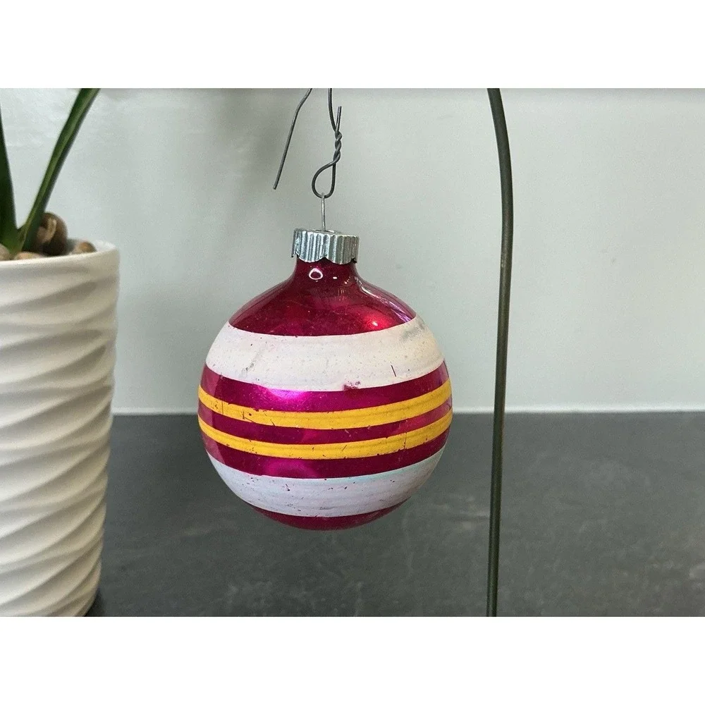 Shiny Brite Pink Yellow & White Hand Painted Striped Christmas Ornament 2.25